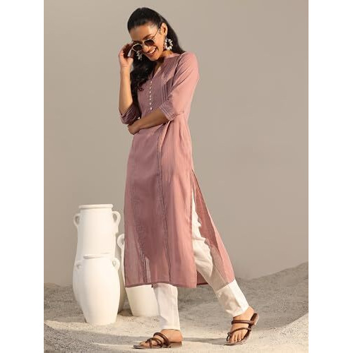 Libas Women's Cotton Printed Straight Kurta (29327O_Mauve_M)
