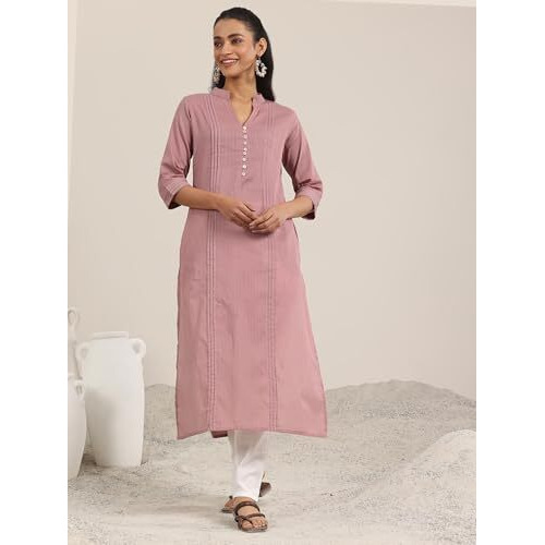 Libas Women's Cotton Printed Straight Kurta (29327O_Mauve_M)