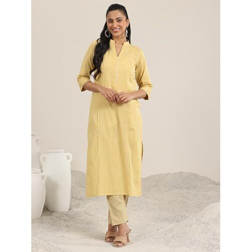 Libas Women's Cotton Printed Straight Kurta (29328O_Yellow_Xxl)