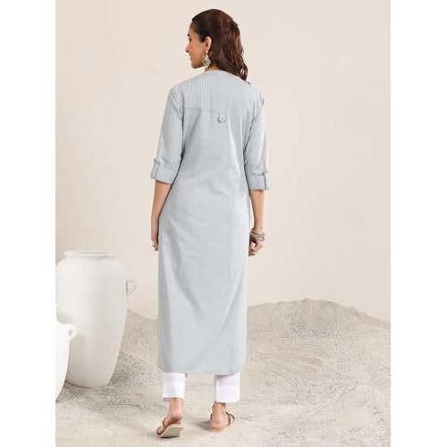 Libas Women's Cotton Blend Solid Straight Kurta (29335O_Blue