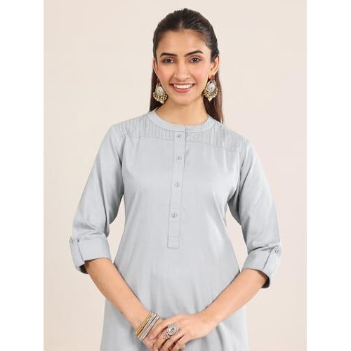 Libas Women's Cotton Blend Solid Straight Kurta (29335O_Blue