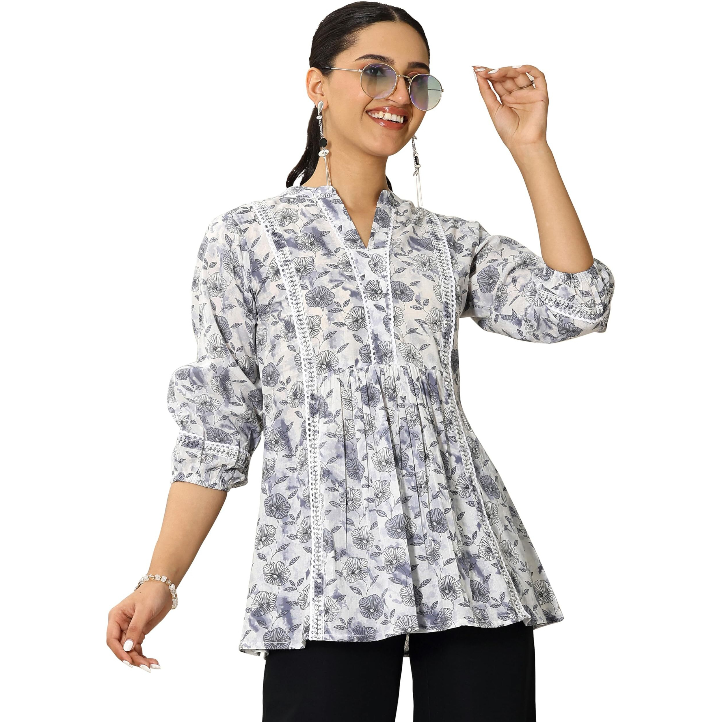 Libas Women's Cotton Floral A-Line Kurtis (29370O_Grey_Xl)