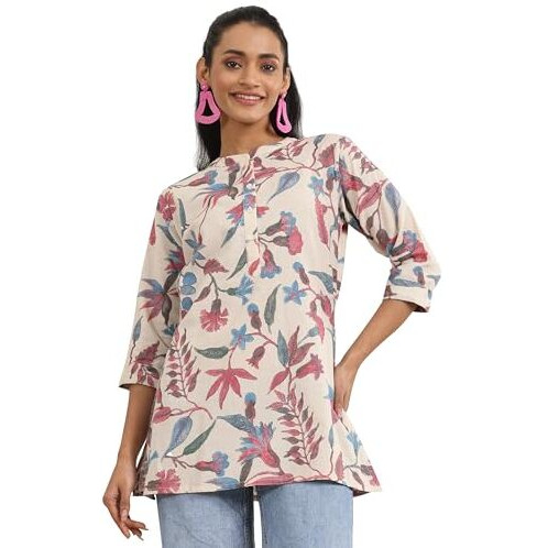Libas Women's Cotton Printed Straight Kurti (29371O_Multi_L) Multicolour