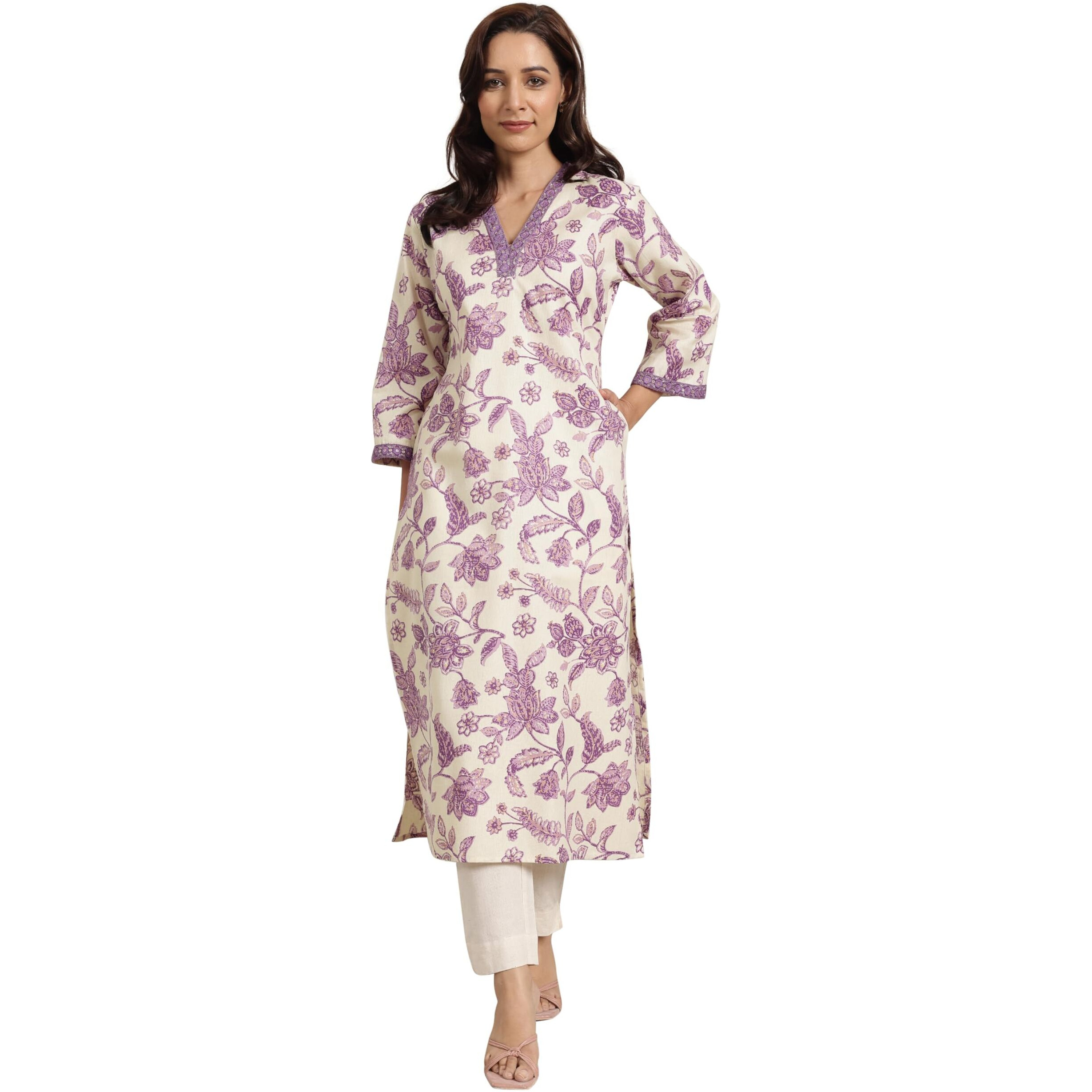 Libas Women's Cotton Floral Printed Straight Kurta (29414O_Purple_M)