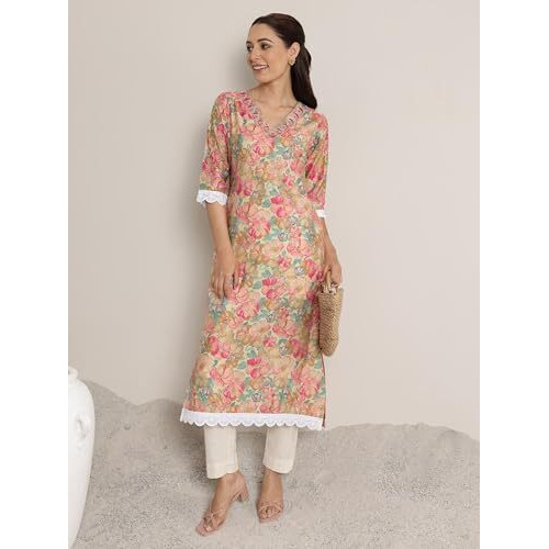 Libas Women's Silk Blend Floral Printed Straight Kurta (29425O_Pink_L)