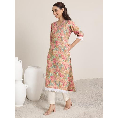 Libas Women's Silk Blend Floral Printed Straight Kurta (29425O_Pink_L)