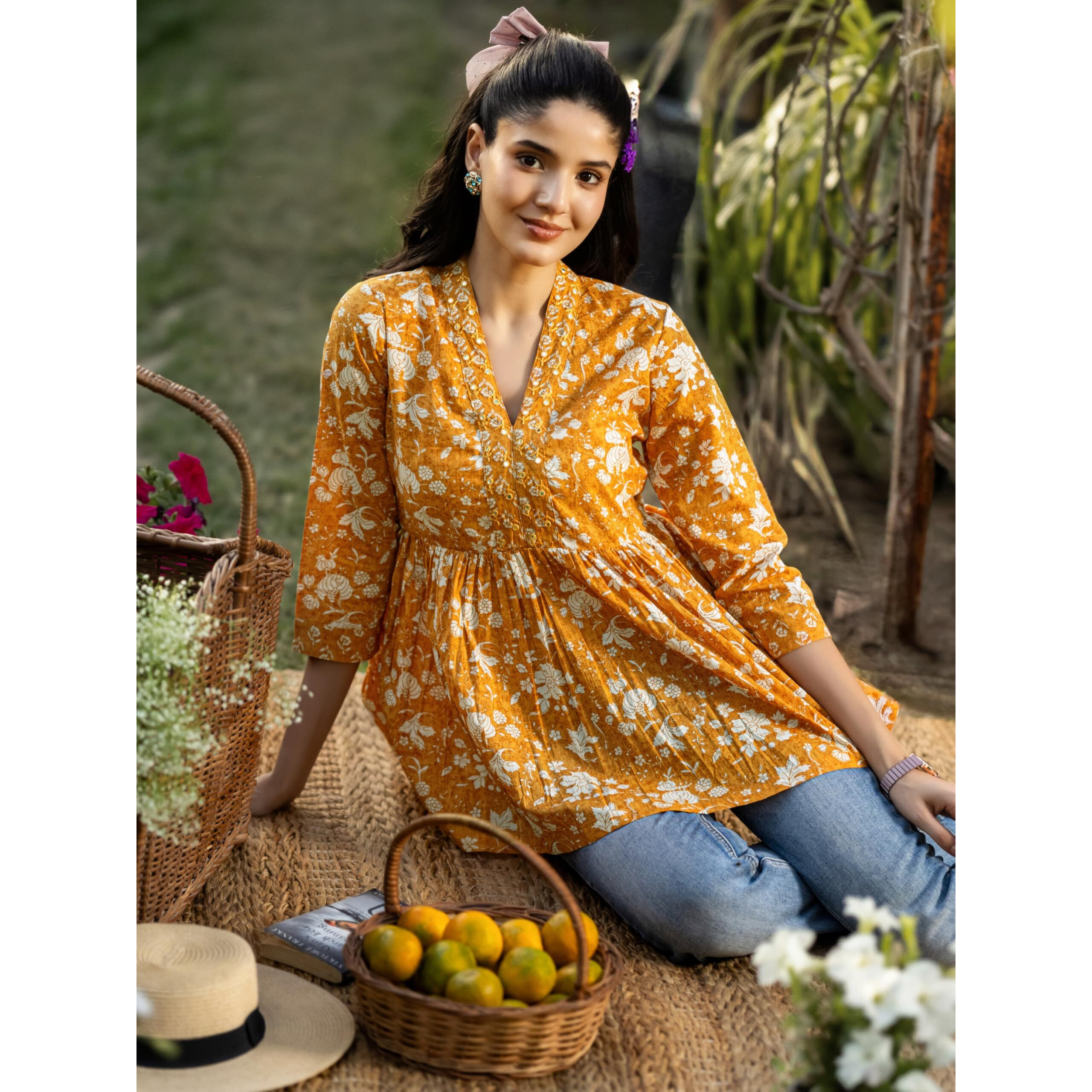 Libas Women's Cotton Floral Printed Anarkali Kurti (98001O_Mustard_Xxl)