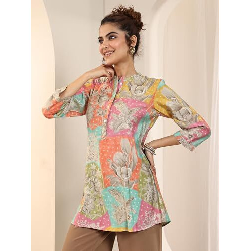 Libas Women's Silk Blend Printed Straight Kurtis (98009O_Multi_L) Multicolour