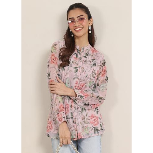 Libas Women's Chiffon Floral Printed Straight Kurti (98022O_Pink_M)