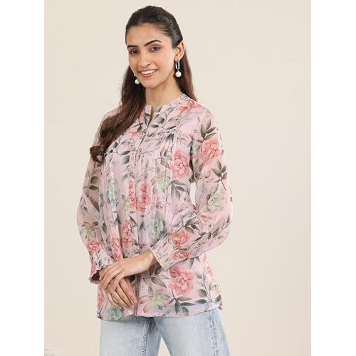 Libas Women's Chiffon Floral Printed Straight Kurti (98022O_Pink_M)