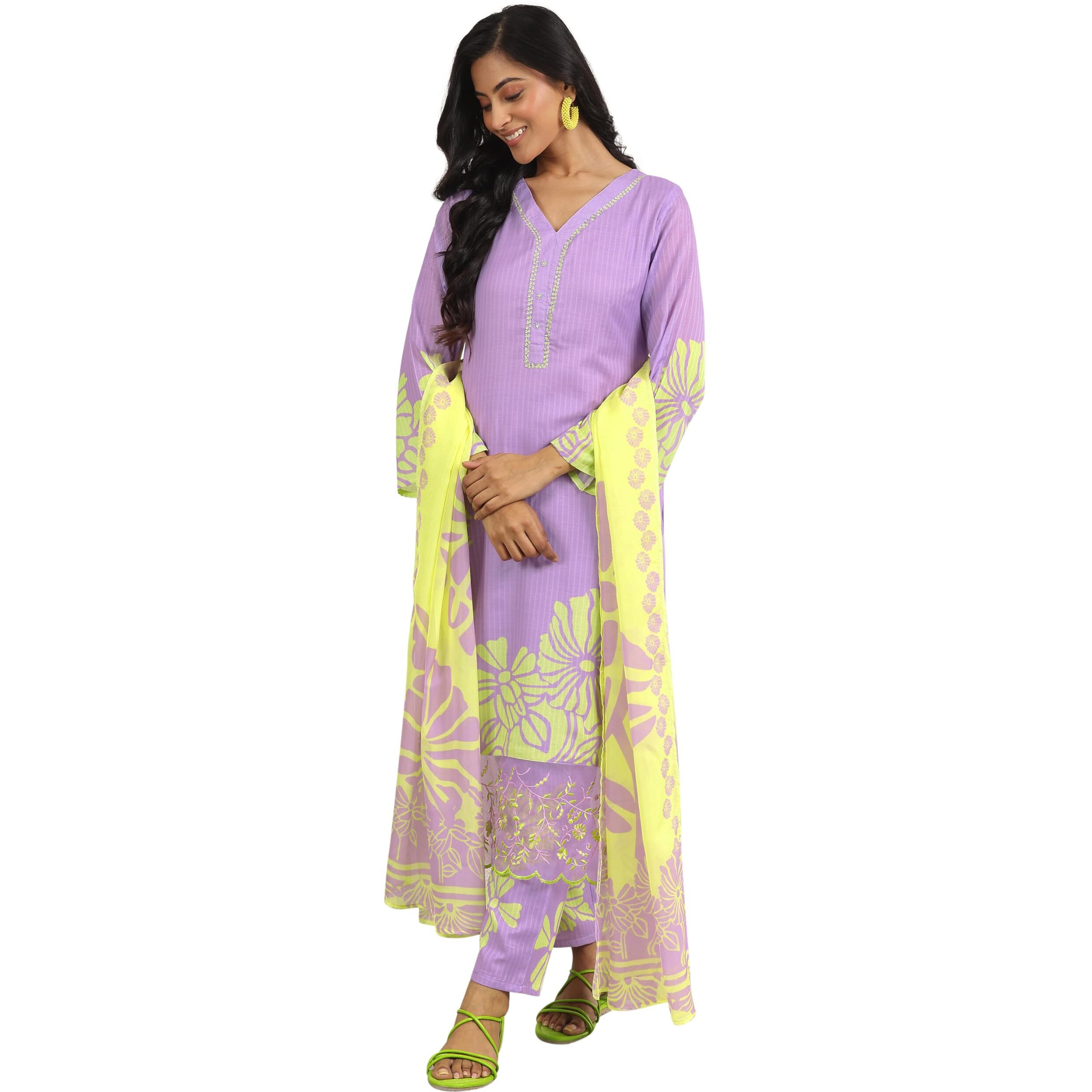 Libas Womens Printed Cotton Straight Kurta With Trousers And Dupatta