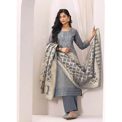 Libas Womens Woven Design Silk Blend Straight Kurta With Trousers And Dupatta