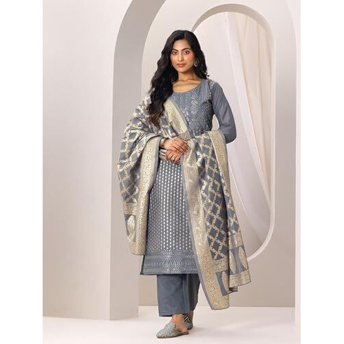 Libas Womens Woven Design Silk Blend Straight Kurta With Trousers And Dupatta