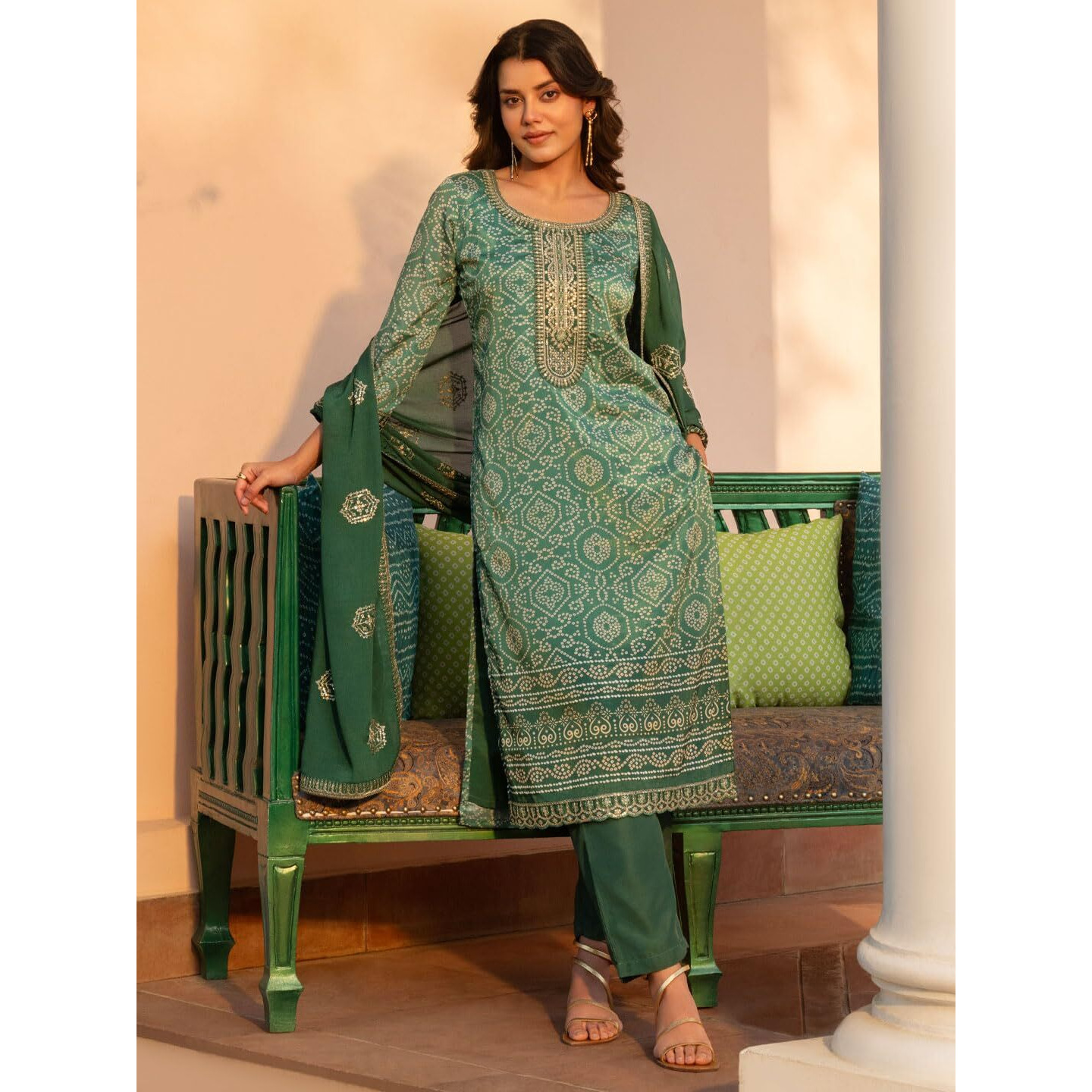 Libas Women's Chinon Kurta Sets (99069O_Green_S)