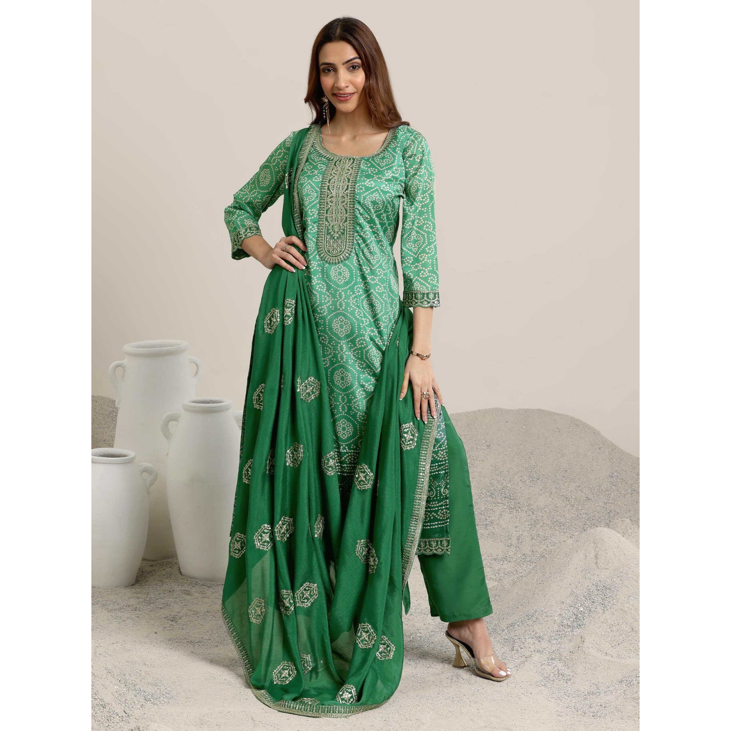 Libas Women's Chinon Kurta Sets (99069O_Green_S)