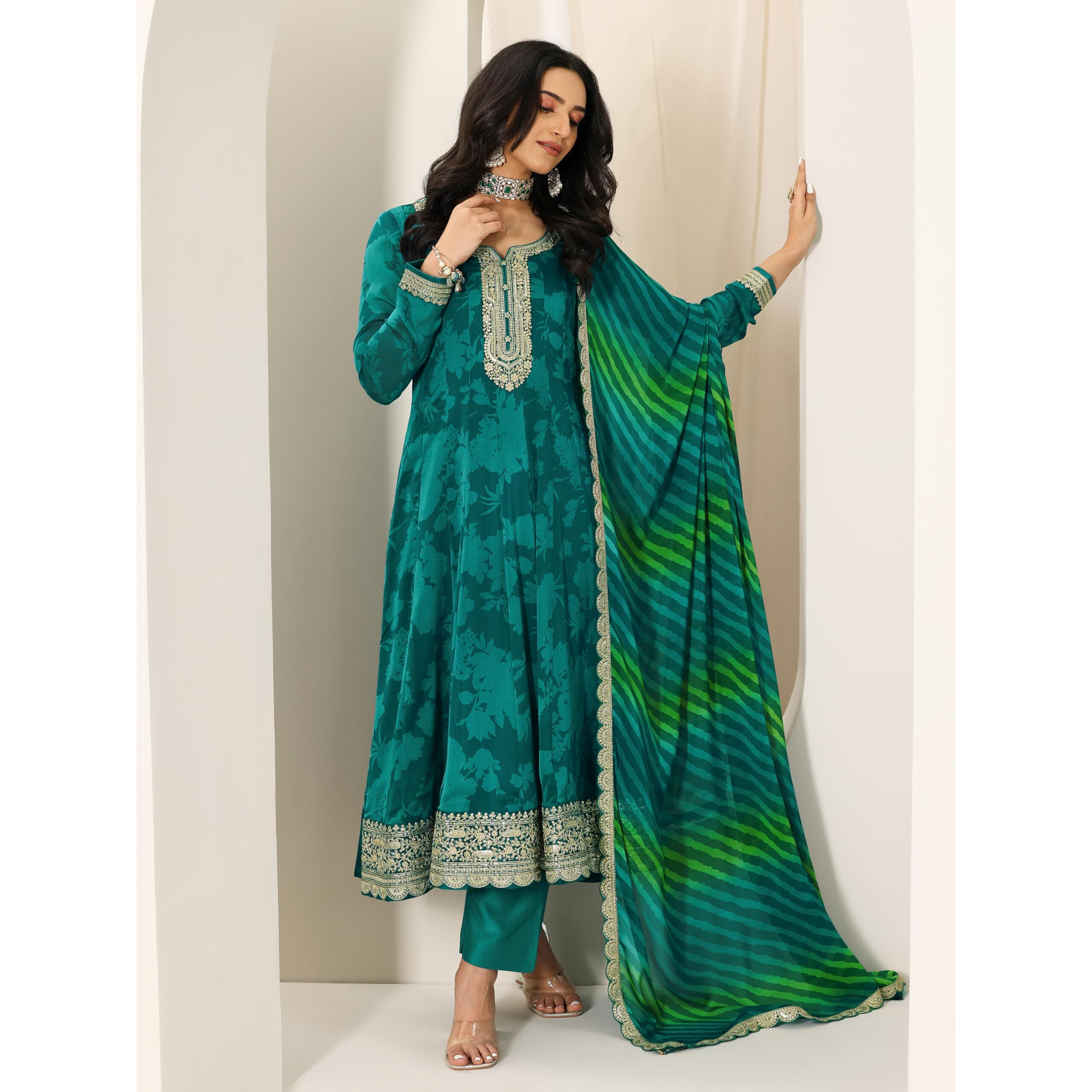 Rama Green Floral Printed Anarkali Kurta With Embellishment & Printed Trouser With Leheriya Dupatta