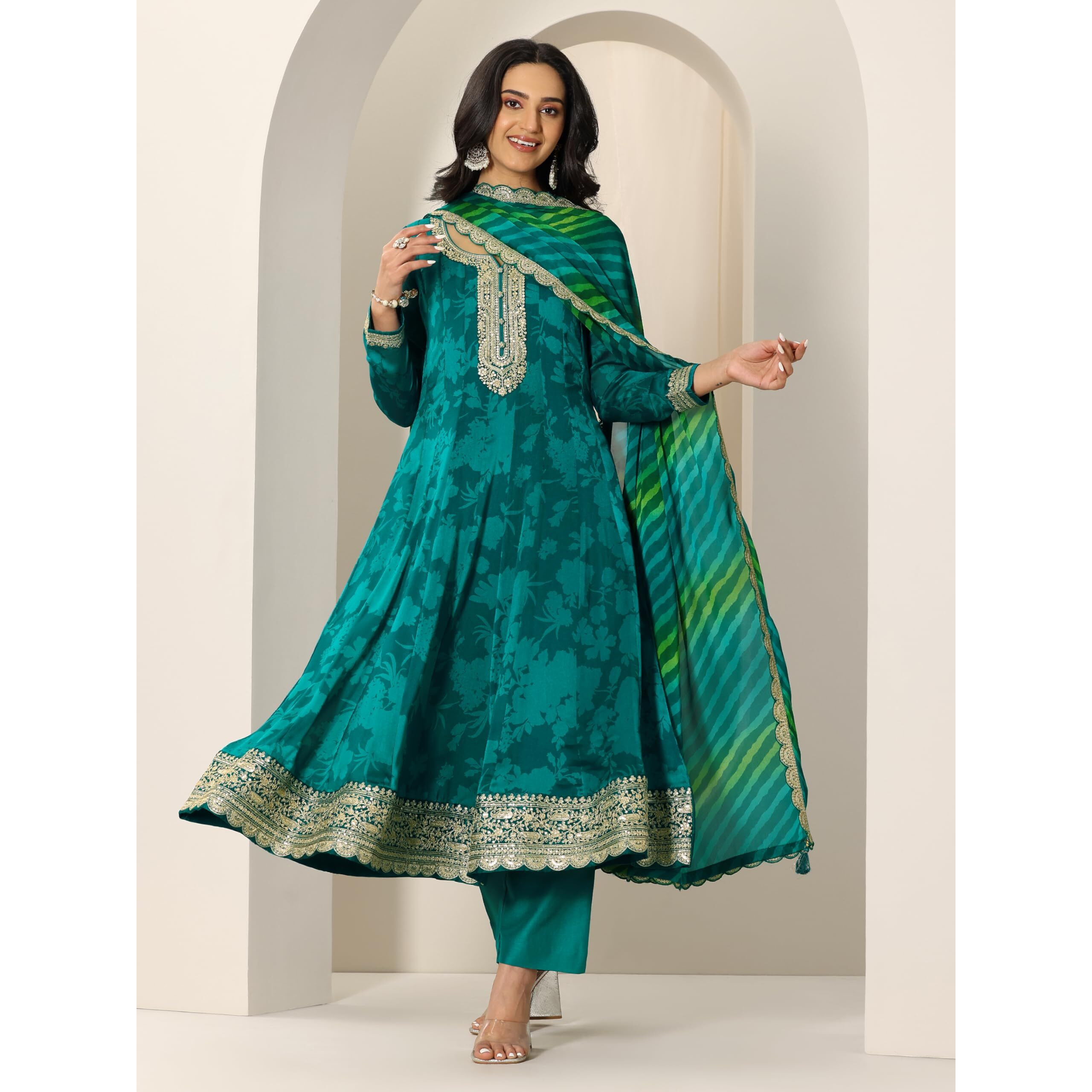 Rama Green Floral Printed Anarkali Kurta With Embellishment & Printed Trouser With Leheriya Dupatta