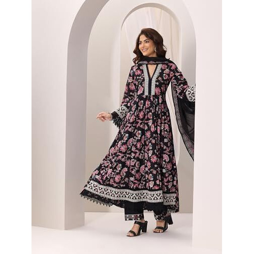 Libas Women's Cotton Anarkali Kurta Sets (99088O_Black_S)