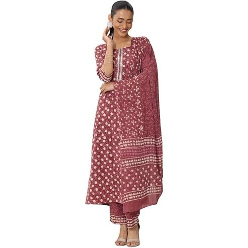 Libas Womens Printed Cotton Straight Kurta With Trousers And Dupatta