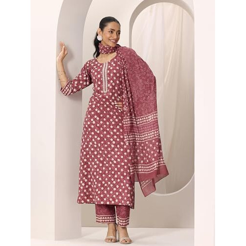 Libas Womens Printed Cotton Straight Kurta With Trousers And Dupatta