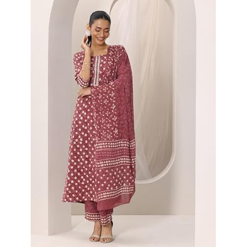 Libas Womens Printed Cotton Straight Kurta With Trousers And Dupatta