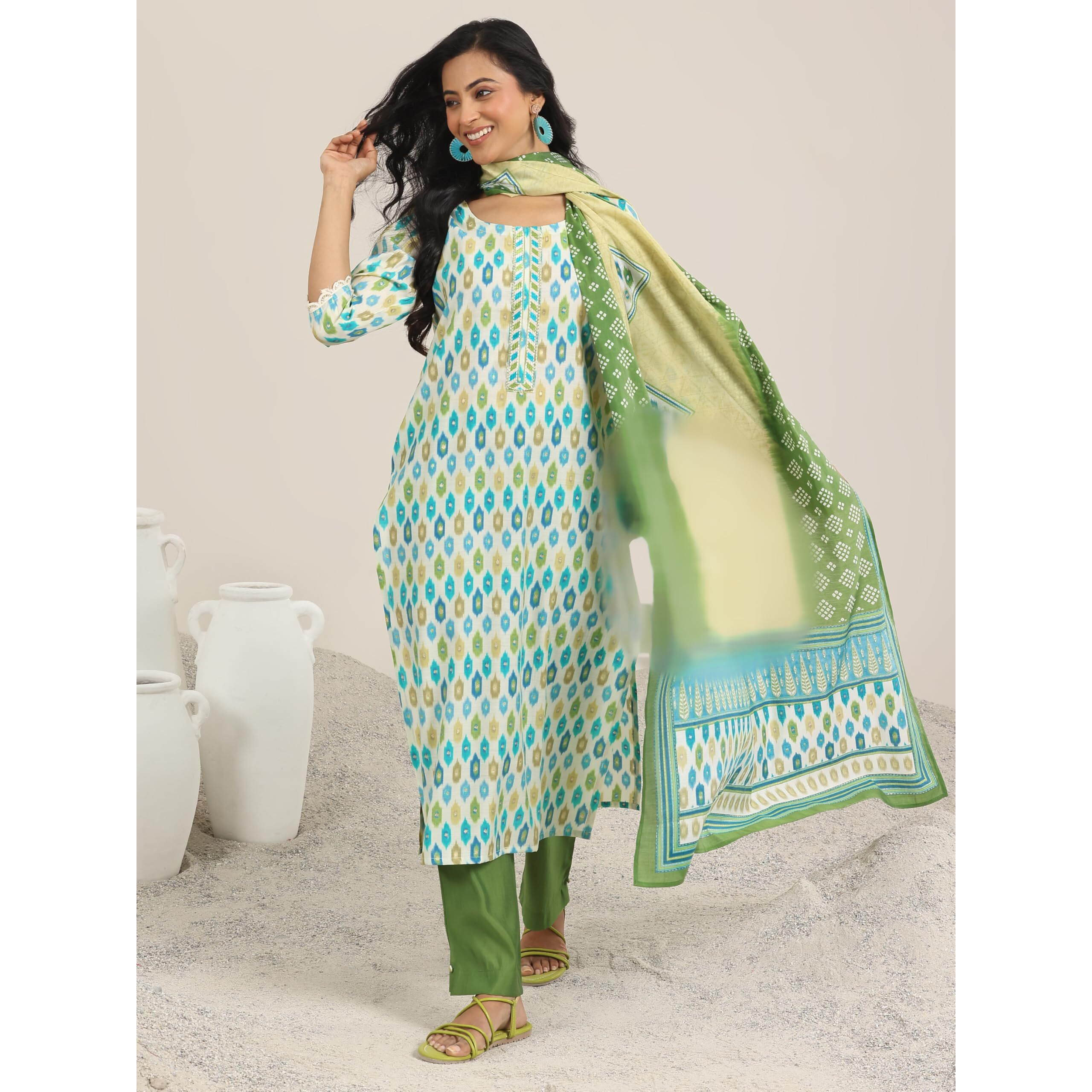 Libas Women's Silk Blend Kurta Set (400051O_Green_M)