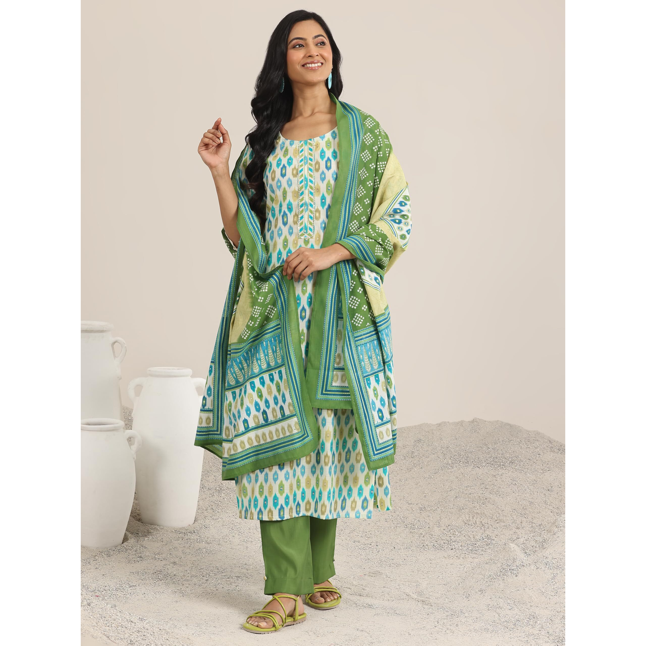 Libas Women's Silk Blend Kurta Set (400051O_Green_M)