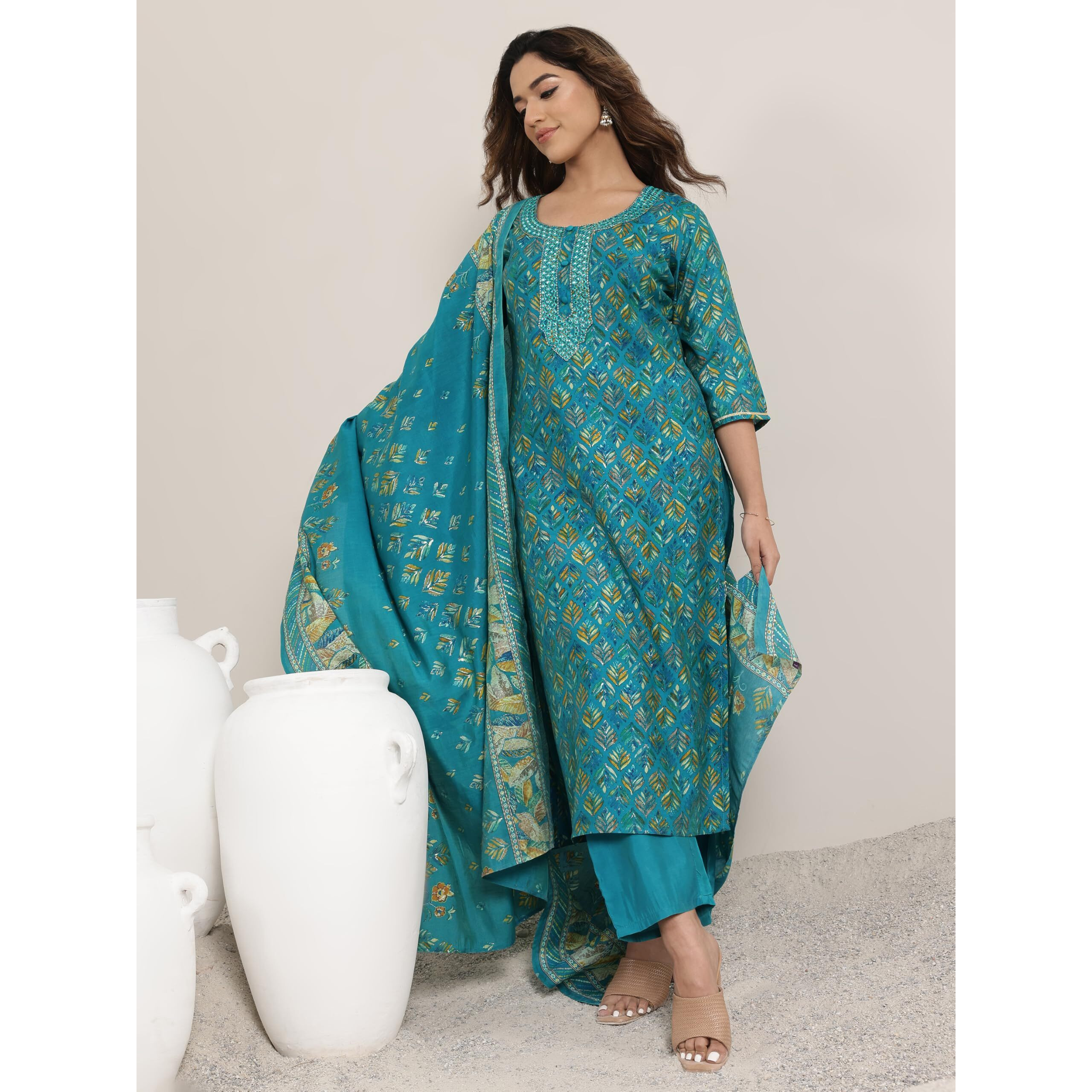 Libas Womens Printed Silk Blend Straight Kurta With Trousers And Dupatta