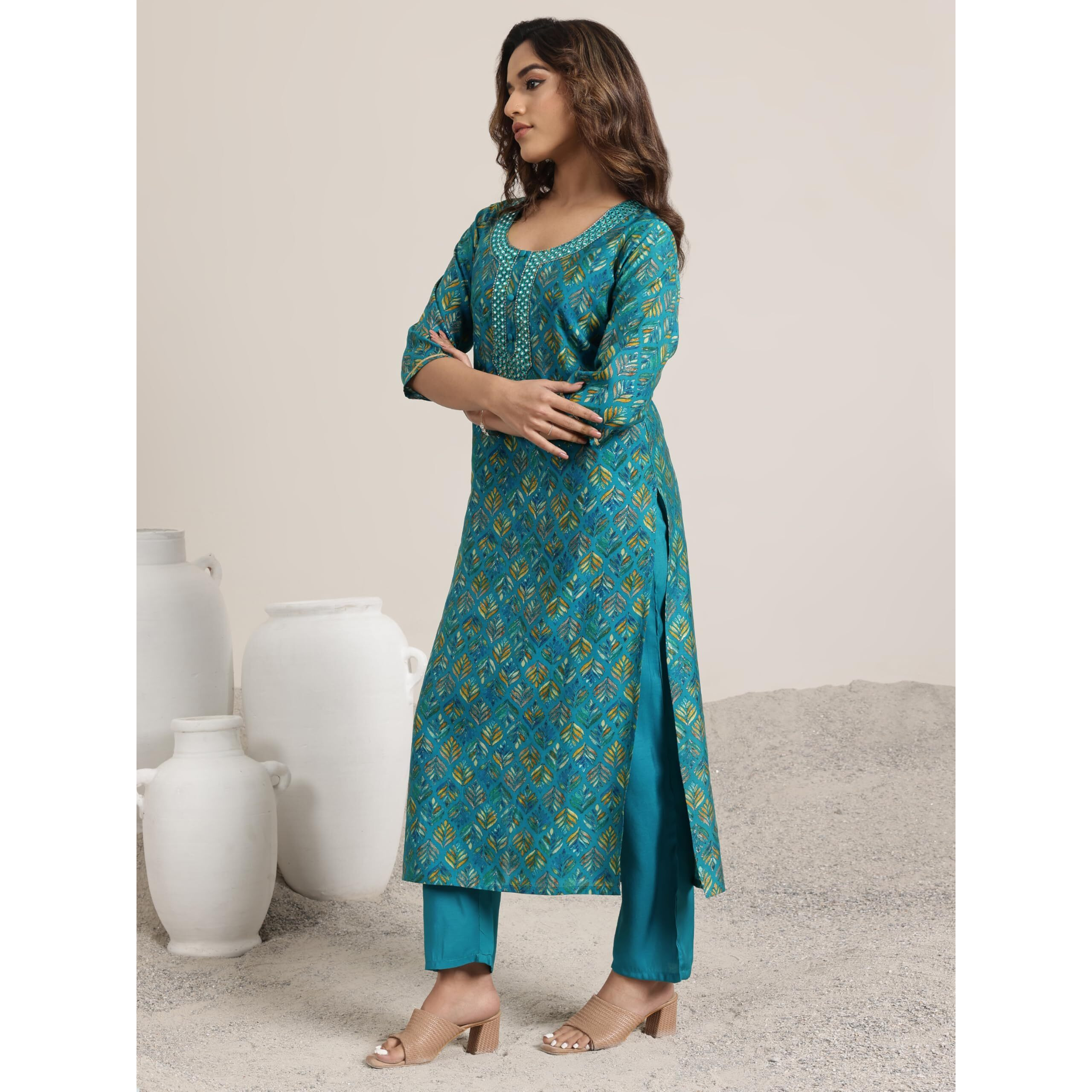 Libas Womens Printed Silk Blend Straight Kurta With Trousers And Dupatta