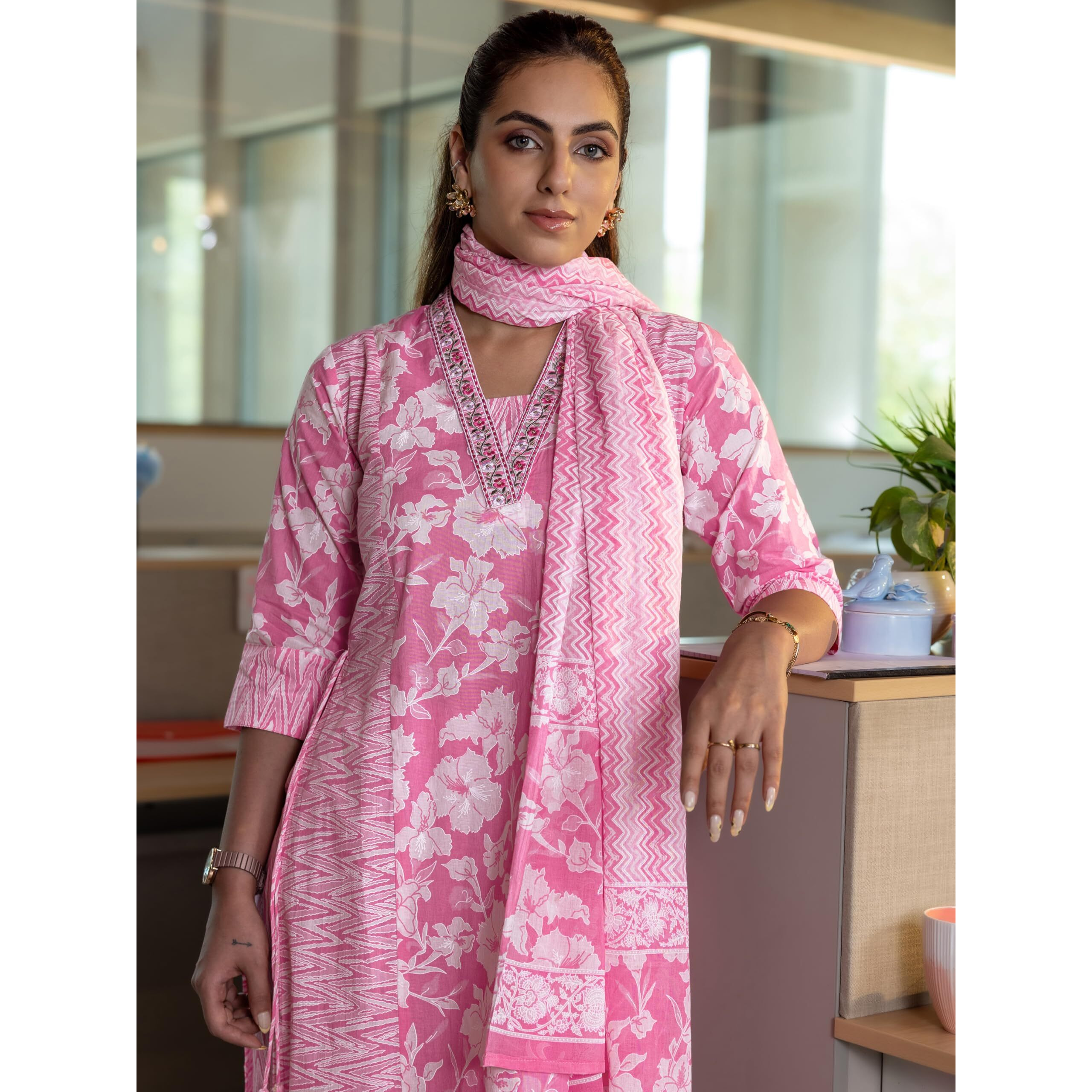 Libas Women's Cotton Kurta Set (400091O_Pink_M)