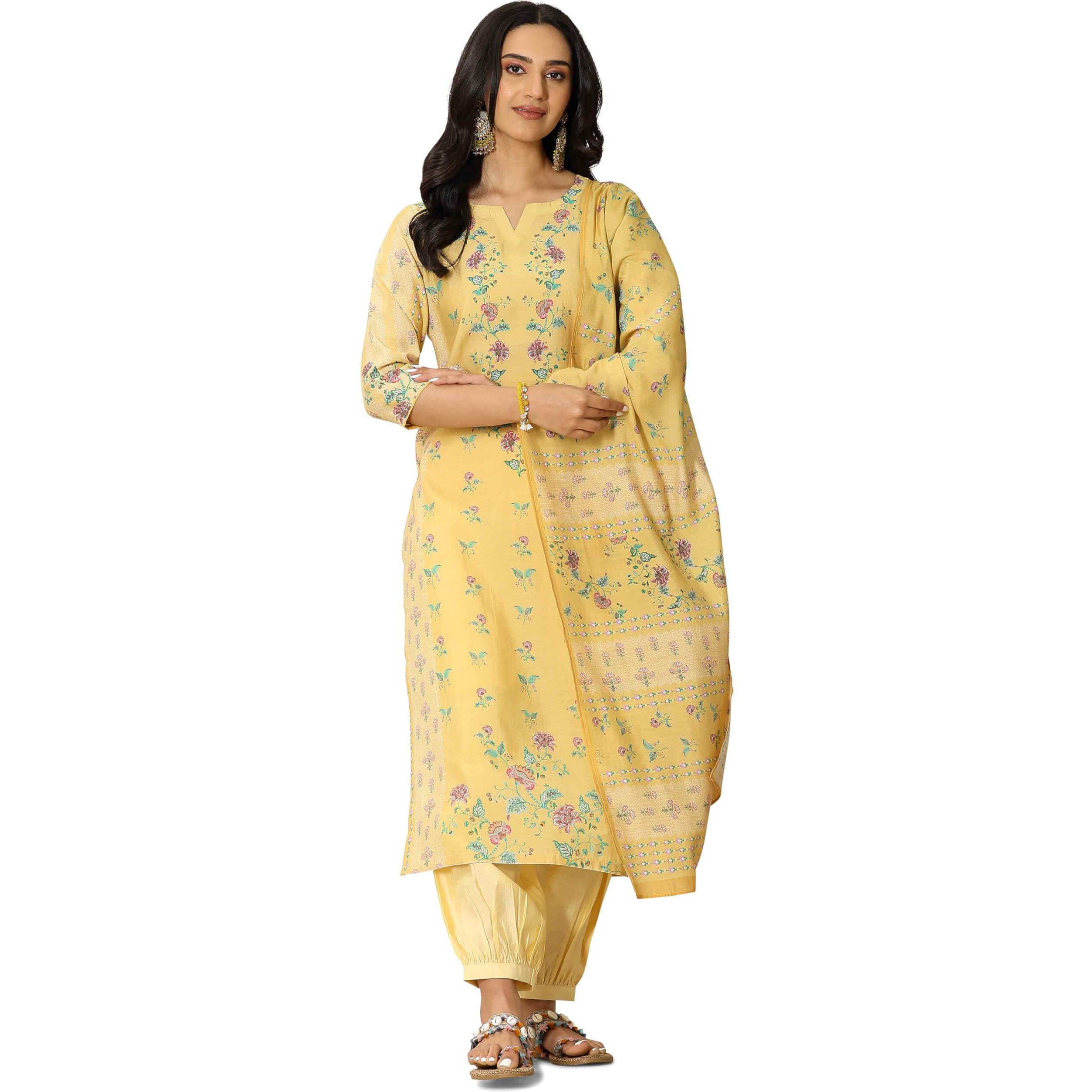 Libas Womens Printed Silk Blend Straight Kurta With Salwar And Dupatta