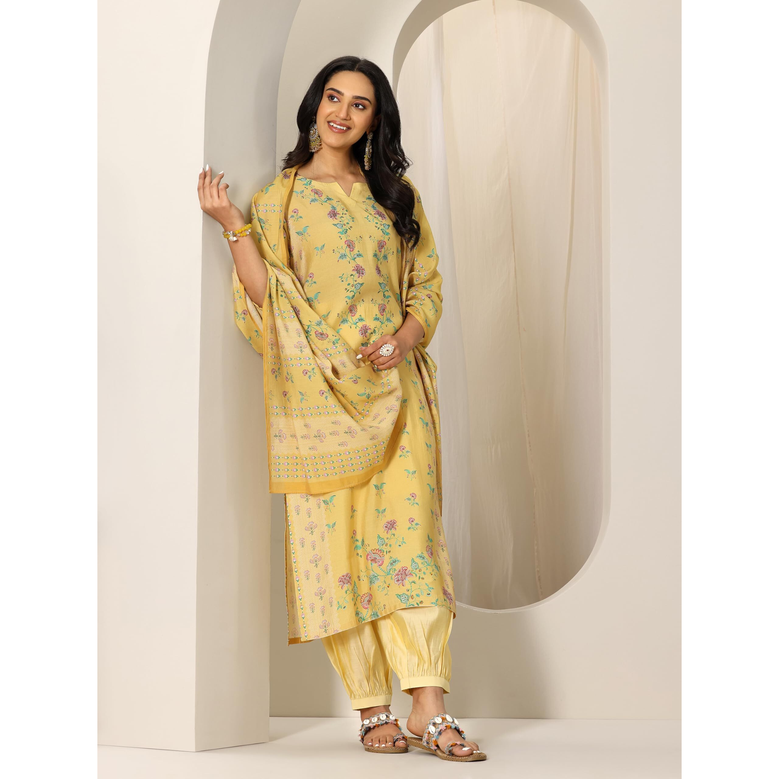 Libas Womens Printed Silk Blend Straight Kurta With Salwar And Dupatta