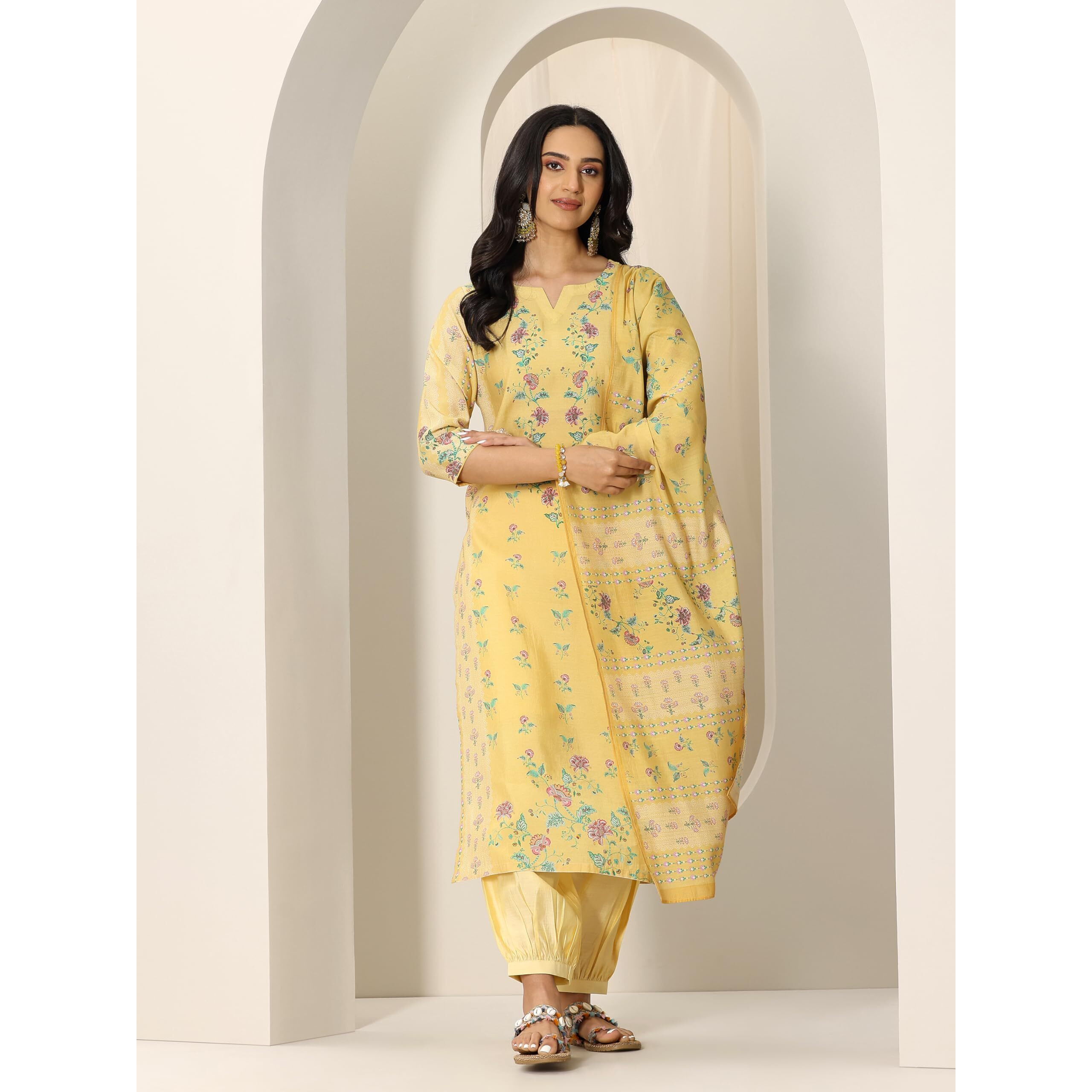 Libas Womens Printed Silk Blend Straight Kurta With Salwar And Dupatta
