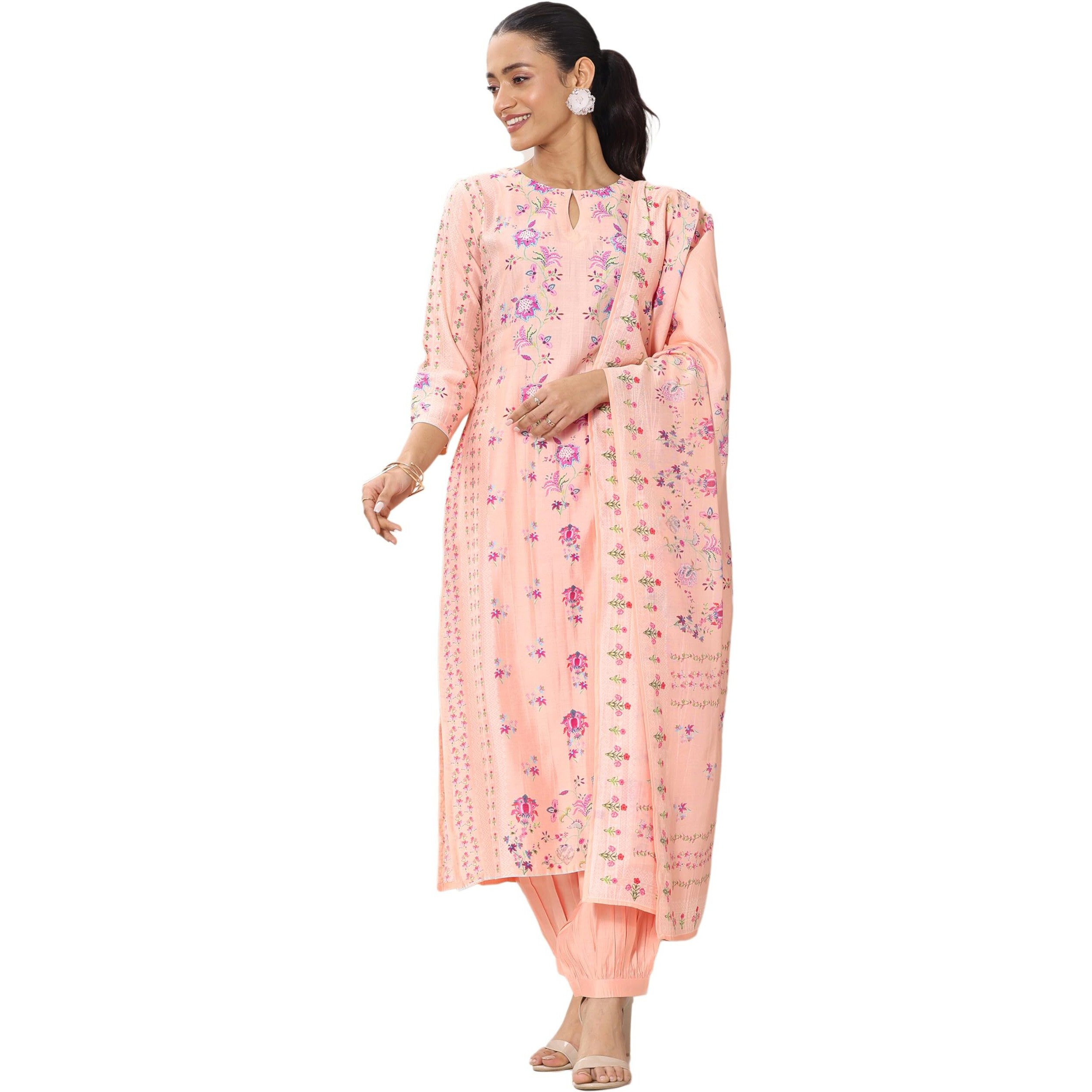 Libas Womens Printed Silk Blend Straight Kurta With Salwar And Dupatta