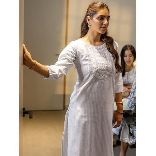 Libas Women's Cotton Blend Straight Kurtas (29468O_Off White_M)