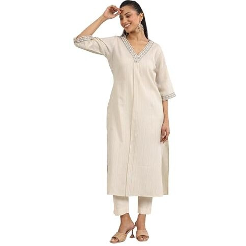 Libas Women's Cotton Blend Solid Straight Kurta (29469O_Off White_Xl)