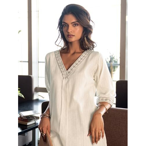 Libas Women's Cotton Blend Solid Straight Kurta (29469O_Off White_Xl)