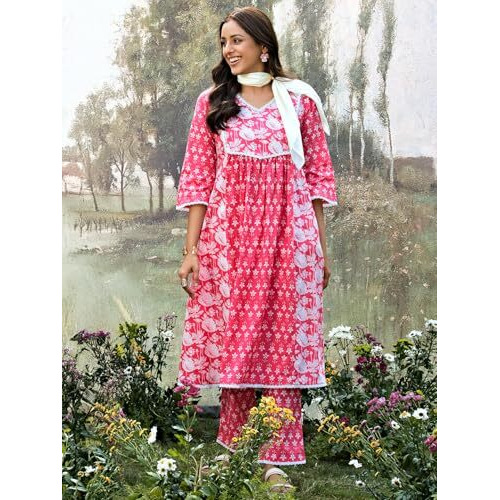 Libas Pink Floral Printed Panelled A-Line Kurta With Printed Palazzo