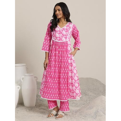 Libas Pink Floral Printed Panelled A-Line Kurta With Printed Palazzo