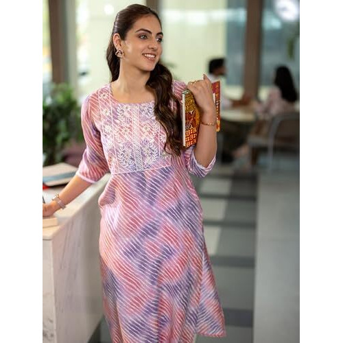 Libas Women's Silk Blend Leheriya Straight Kurtas (29501O_Lavender_Xl)