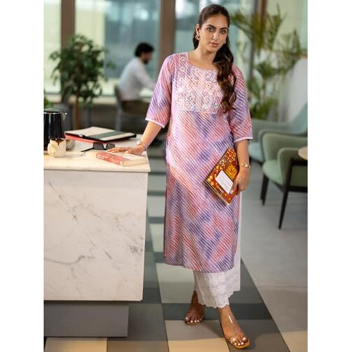 Libas Women's Silk Blend Leheriya Straight Kurtas (29501O_Lavender_Xl)
