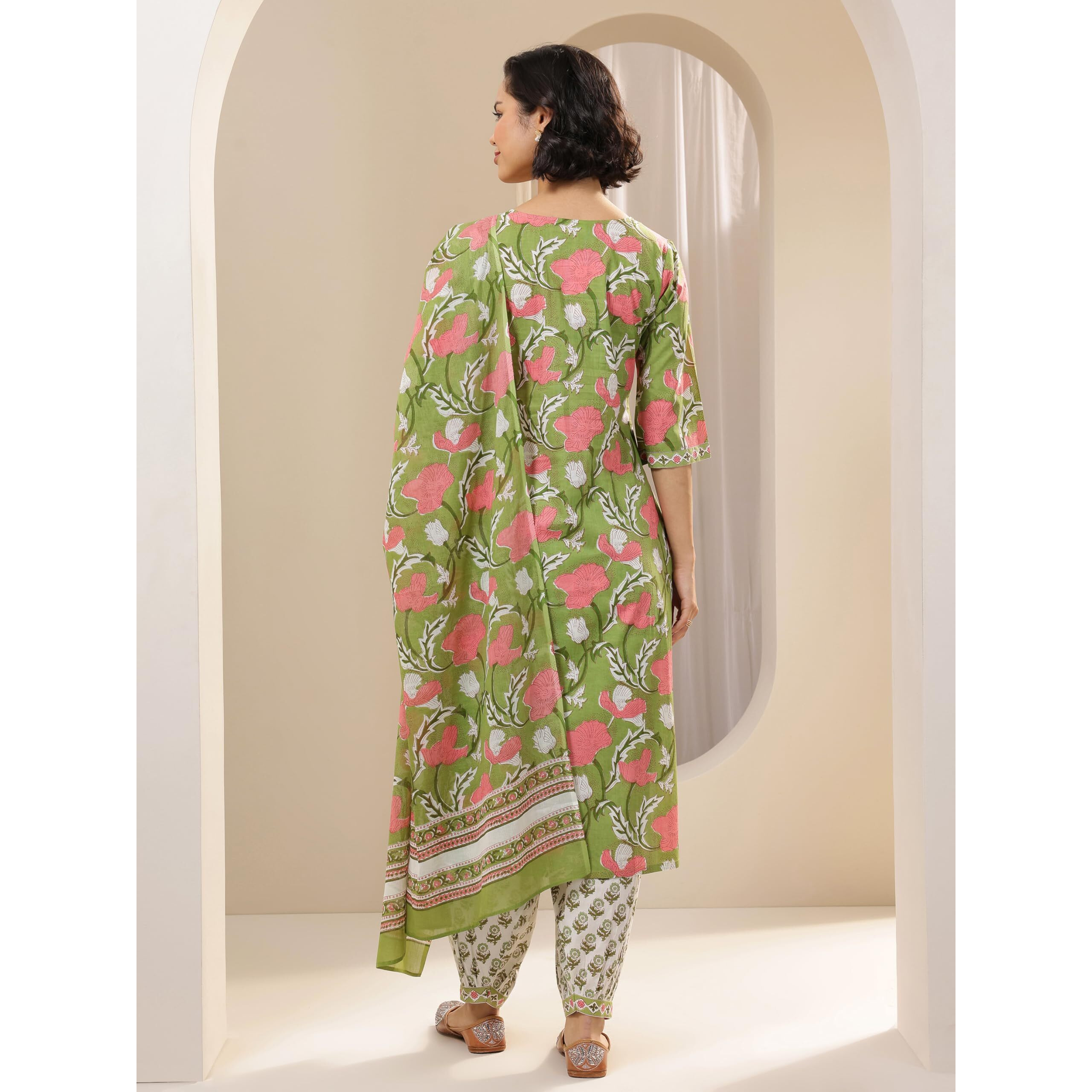 Libas Women's Pure Cotton Floral Kurta Sets (400156O_Green_S)