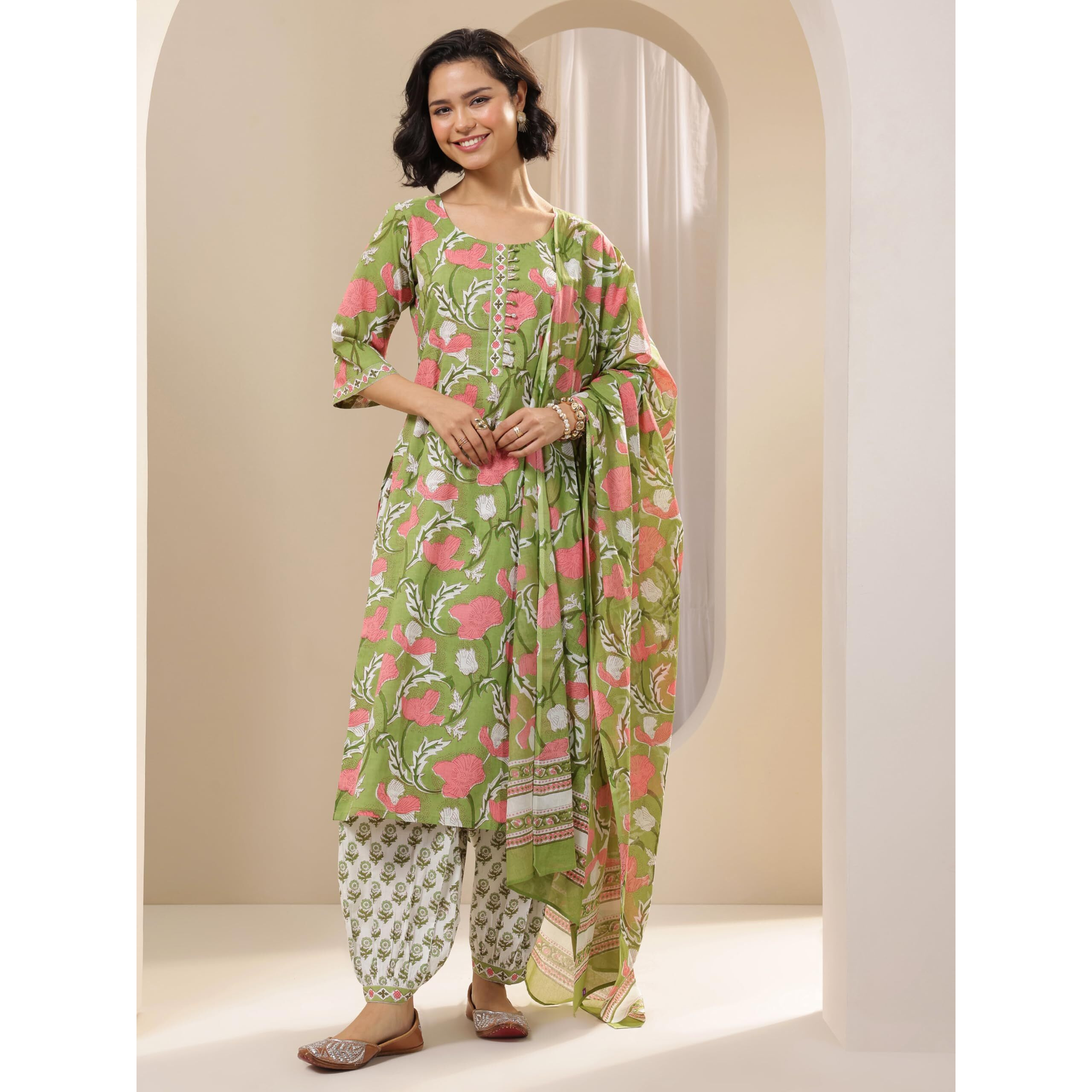 Libas Women's Pure Cotton Floral Kurta Sets (400156O_Green_M)