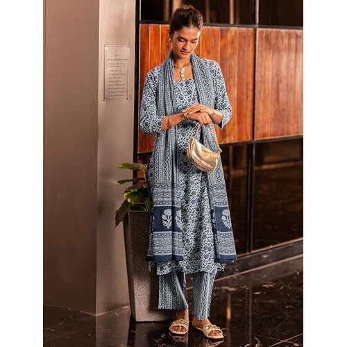 Libas Women's Pure Cotton Kurta Set (400178O_Blue_M)