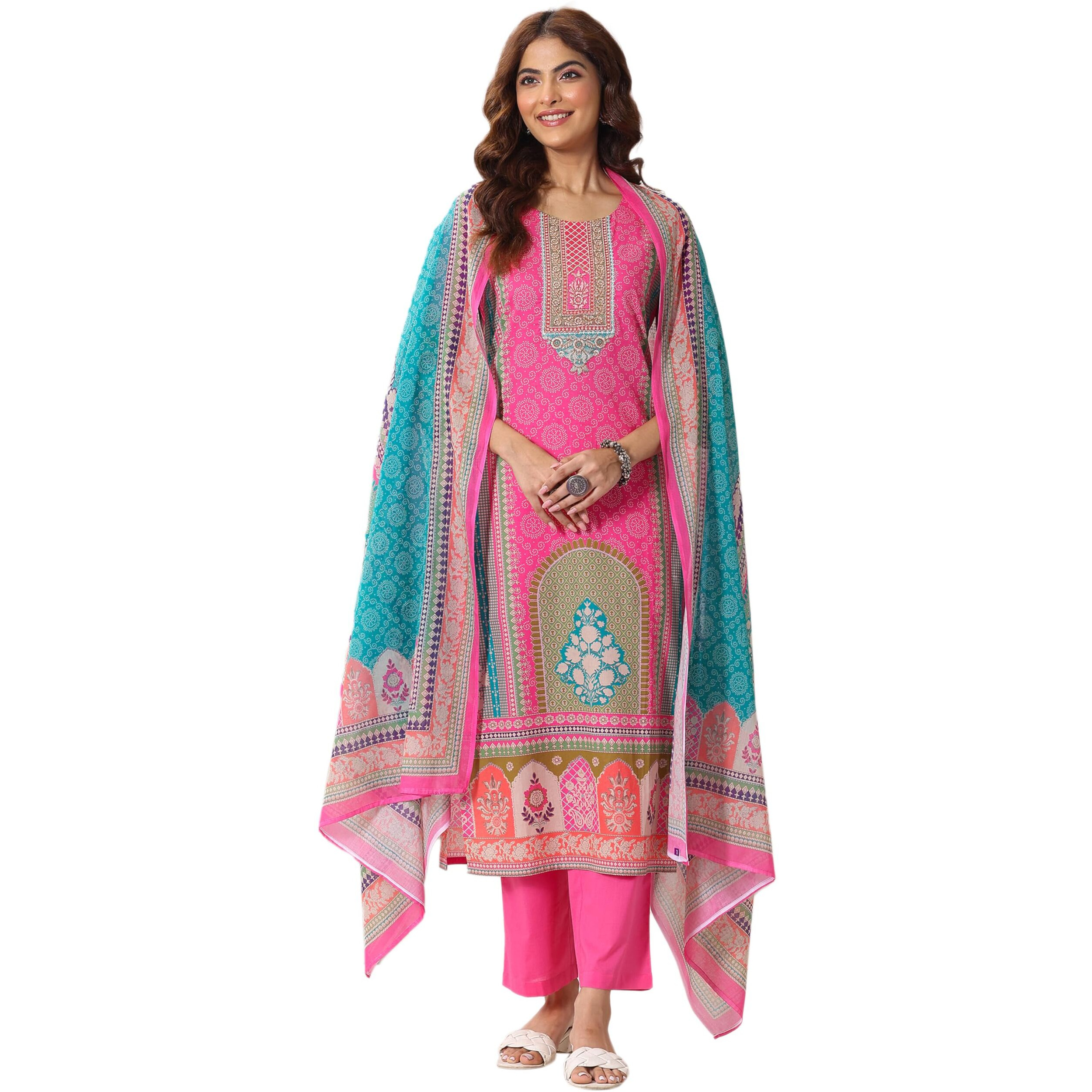 Libas Womens Printed Cotton Straight Kurta With Trousers And Dupatta