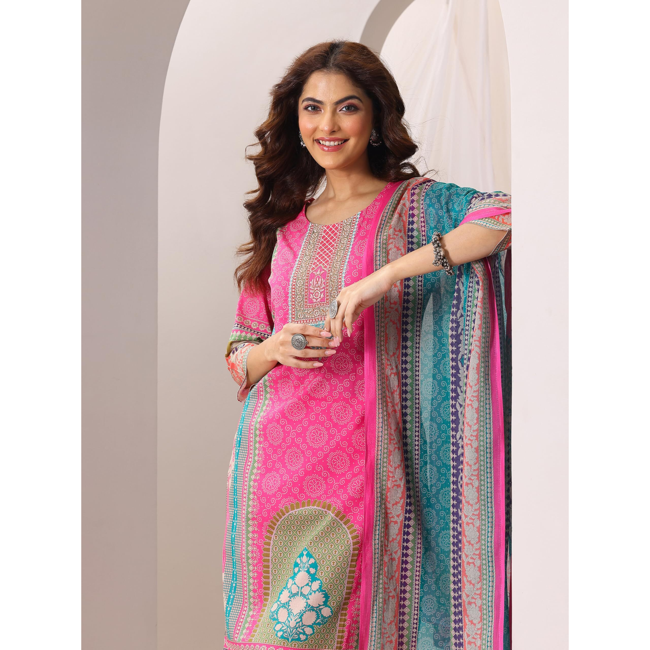 Libas Womens Printed Cotton Straight Kurta With Trousers And Dupatta