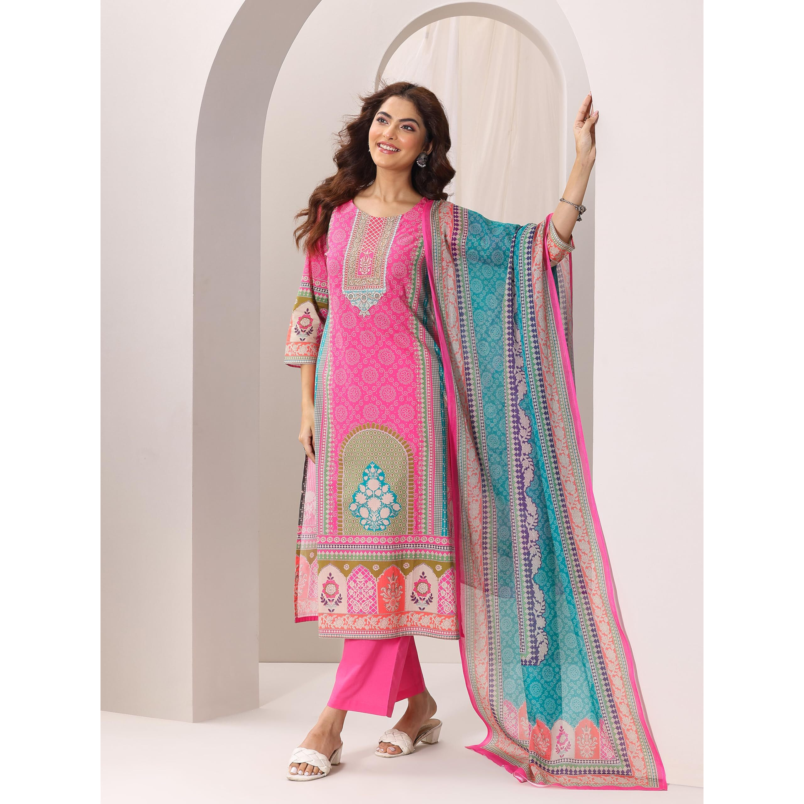 Libas Womens Printed Cotton Straight Kurta With Trousers And Dupatta
