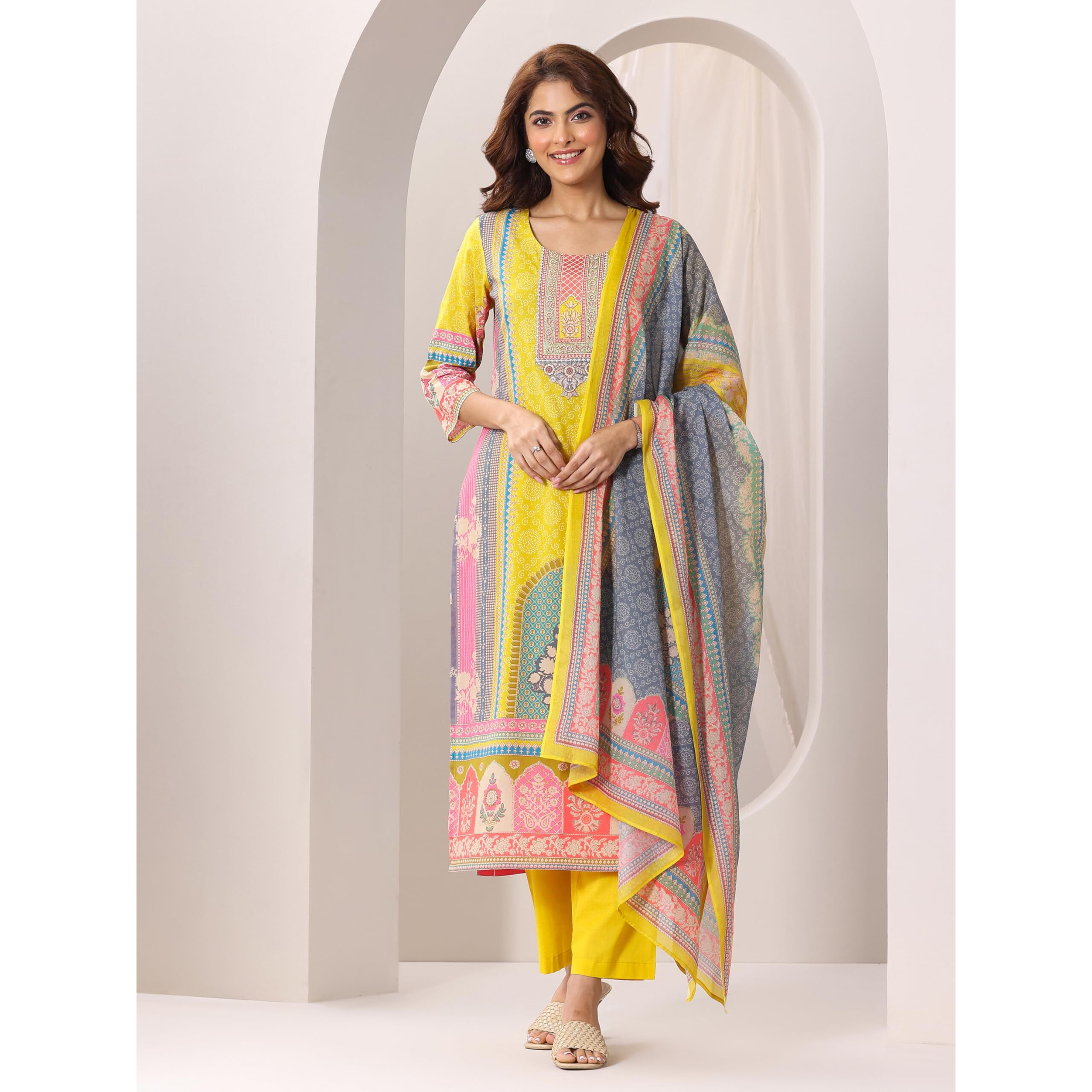 Libas Women's Cotton Kurta Sets (99125O_Yellow_S)