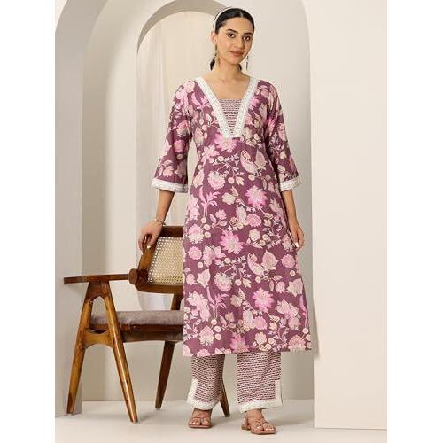 Libas Womens Printed Silk Blend Straight Kurta With Trousers