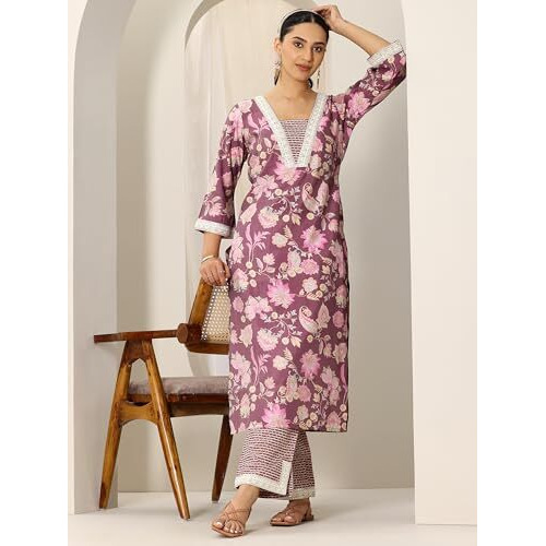 Libas Womens Printed Silk Blend Straight Kurta With Trousers
